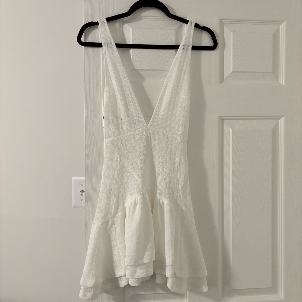 Women’s White Swim Coverup Dress - V-Neck Ruffle Hem